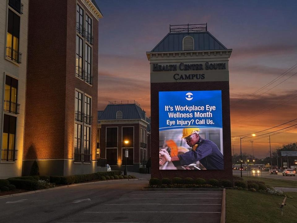 Health Center South: full-color message center at dusk