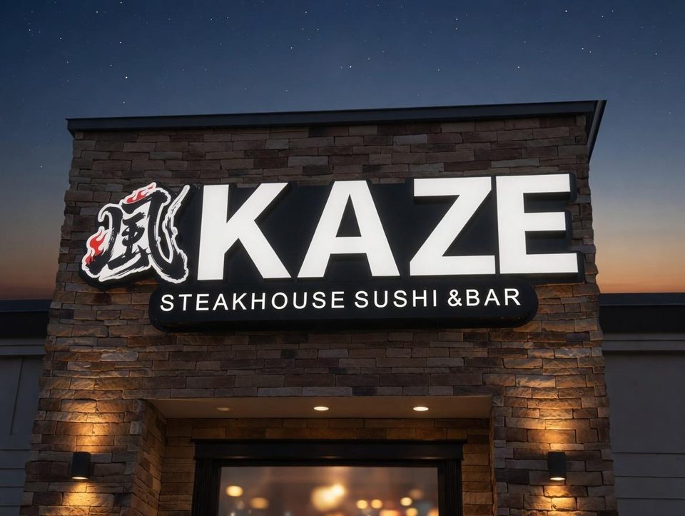 KAZE Steakhouse illuminated sign at night